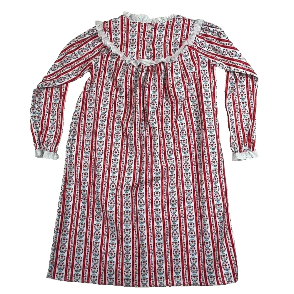 Lanz Nightgown Girls M 7/8 Red White Tyrolean Floral Fleece Eyelet Lace